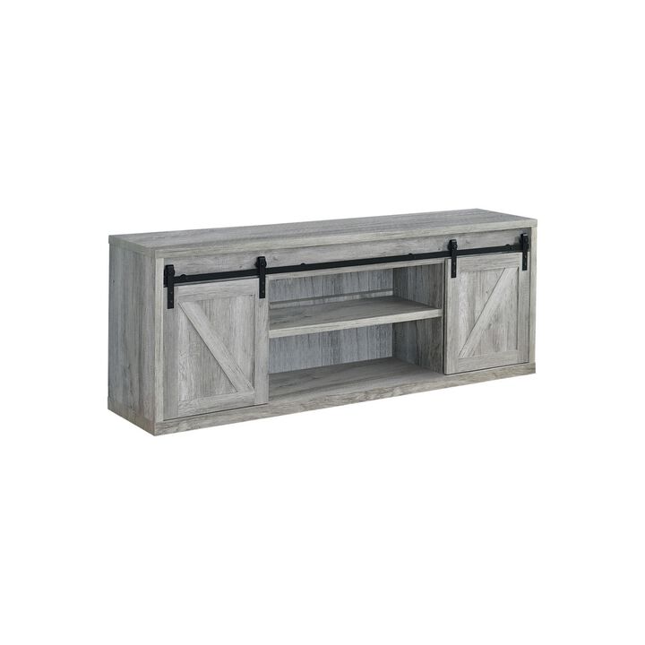 71 Inch Farmhouse Wooden TV Console With 2 Sliding Barn Doors, Gray - Benzara