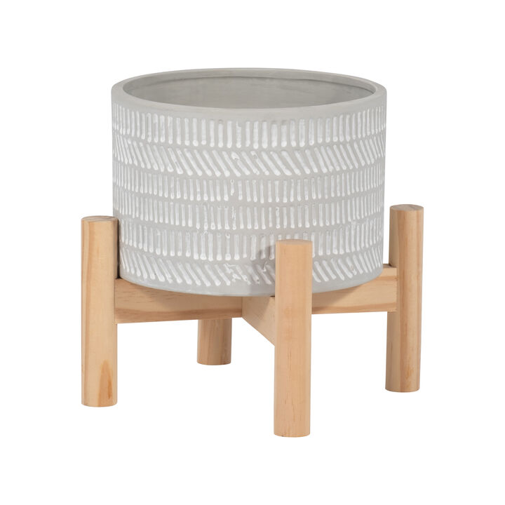 6" Ceramic Tribal Planter with Wood Stand, Beige
