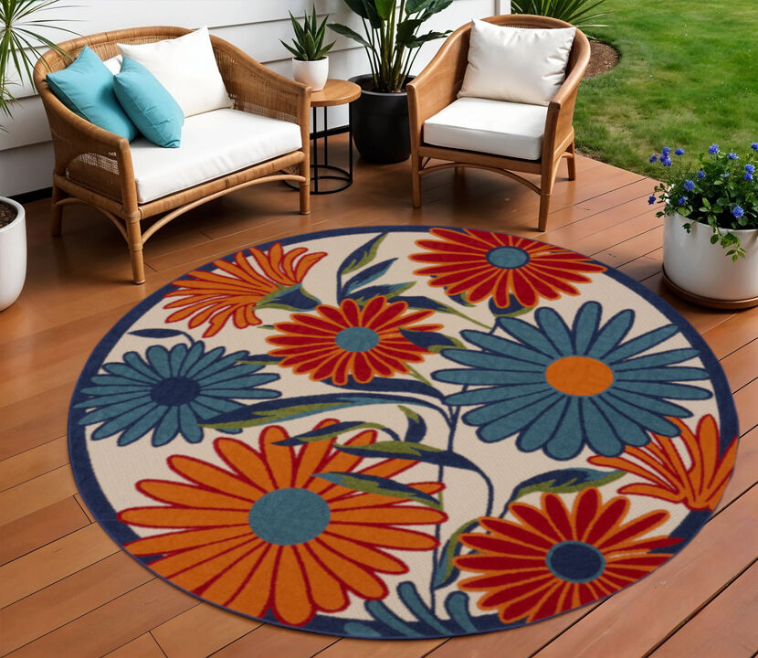 HomeRoots 10' Ivory Blue And Orange Round Floral Indoor Outdoor Area Rug