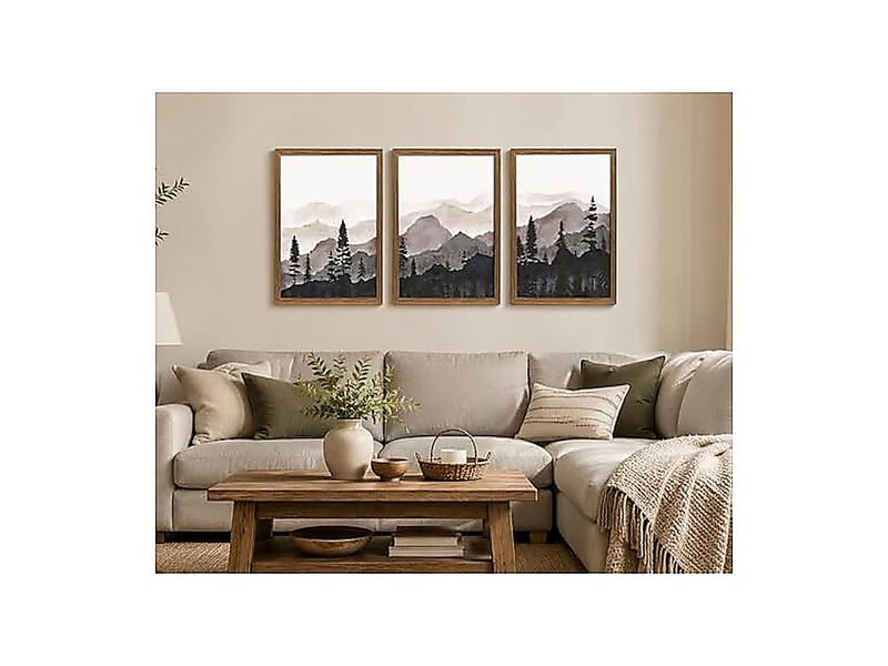Framed Mountain Wall Art Set 3 Forest Landscape Canvas Modern Nature Decor Wood image number 1