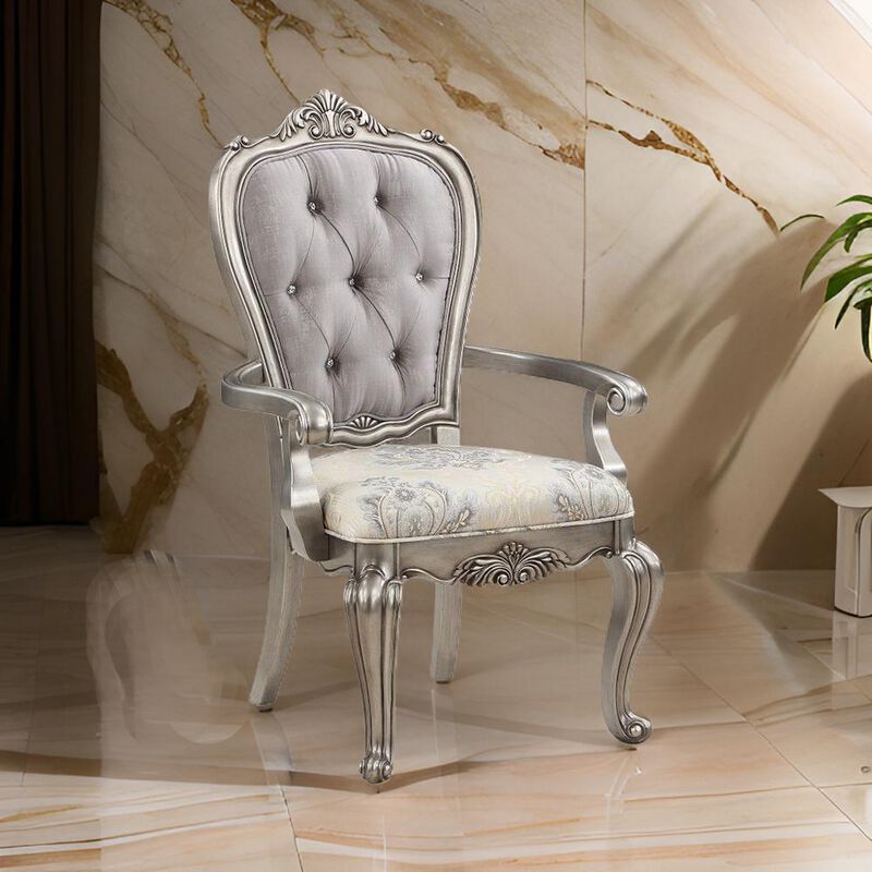 Aria 27 Inch Side Dining Chair Set of 2, Velvet, Antique Platinum Tone - Benzara