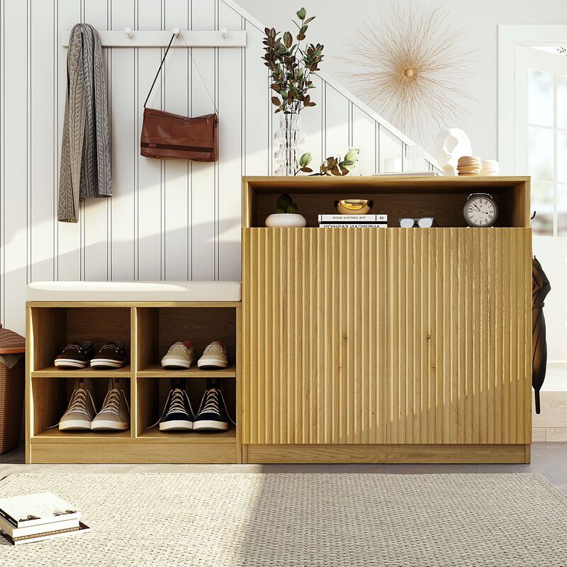 Shoe Bench, 2 Doors and 3-Tier Adjustable Shelves image number 1