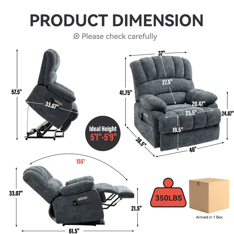 23" Seat Width and High Back Large Size Beige Chenille Power Lift Recliner Chair with 8-Point Vibration Massage and Lumbar Heating