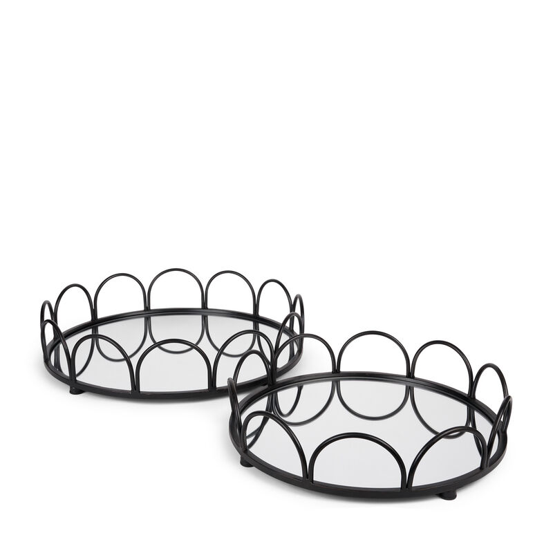 HomeRoots Set of Two Black And Silver Metal And Mirrored Glass Round Vanity Trays image number 3