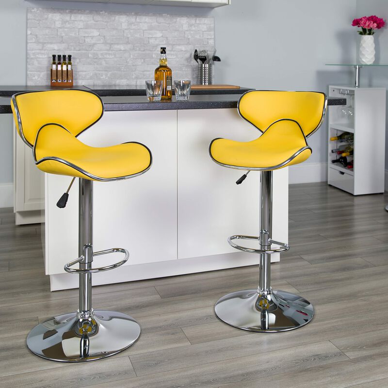 Flash Furniture Devin Contemporary Cozy Mid-Back Yellow Vinyl Adjustable Height Barstool with Chrome Base