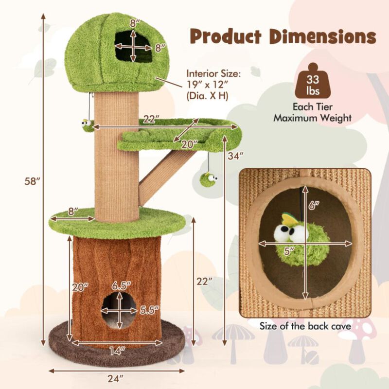 Hivvago Mushroom Cat Tree for Indoor Cats with 2 Cute Condos Plush Perch and Teasing Balls
