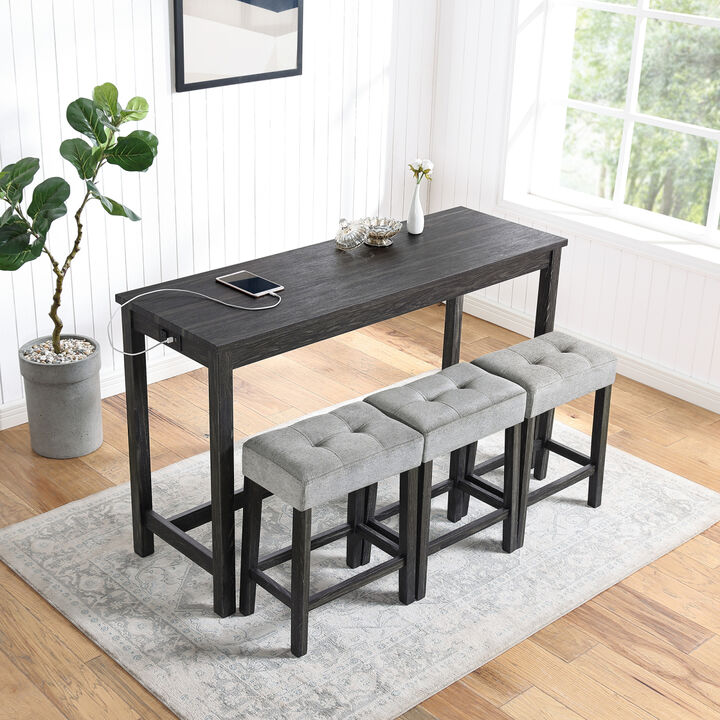 Bar Table Set with Power Outlet, Bar Table and Chairs Set, 4 Piece Dining Table Set, Industrial Breakfast Table Set, for Living Room, Dining Room, Game Room