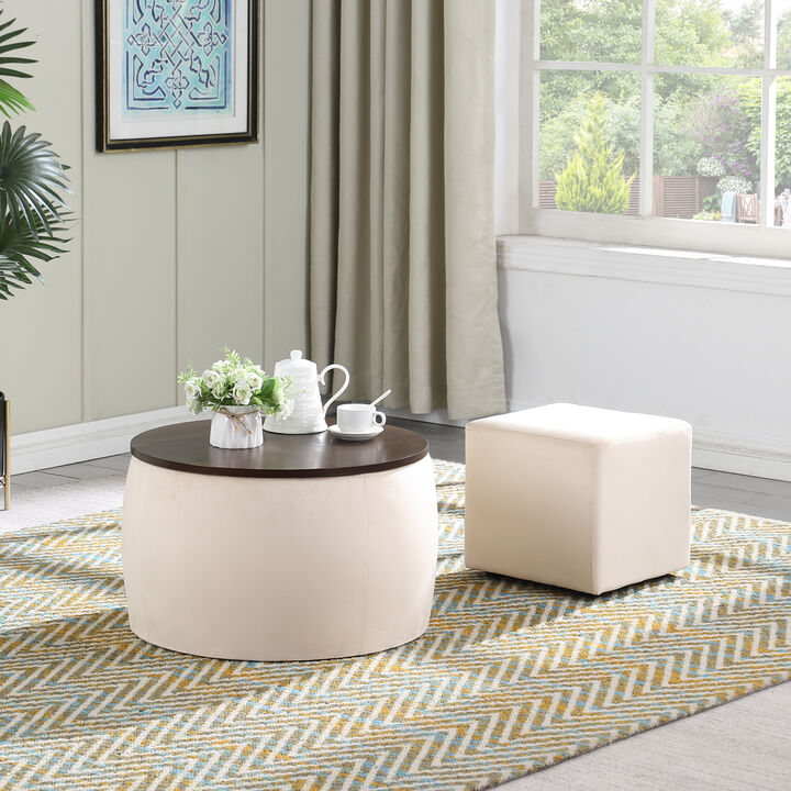 Streamdale Round Ottoman Set with Storage & Coffee Table - 2 in 1 Function
