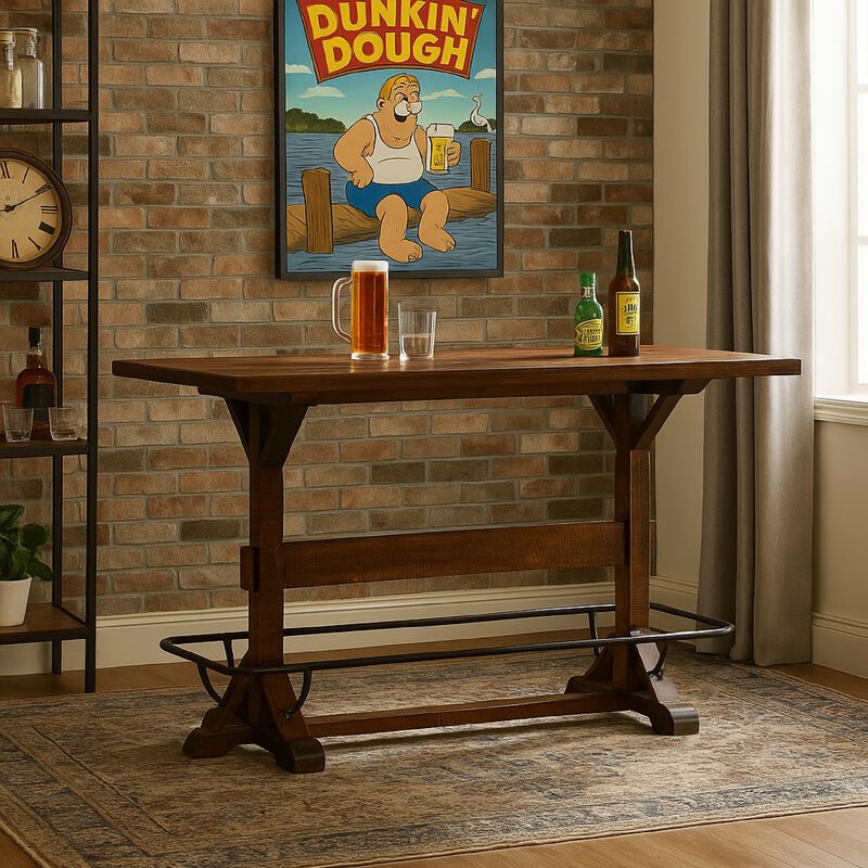 Flint Pub Bar Table, Black Metal Foot Rail, 78 Inch, Dark Brown Wood