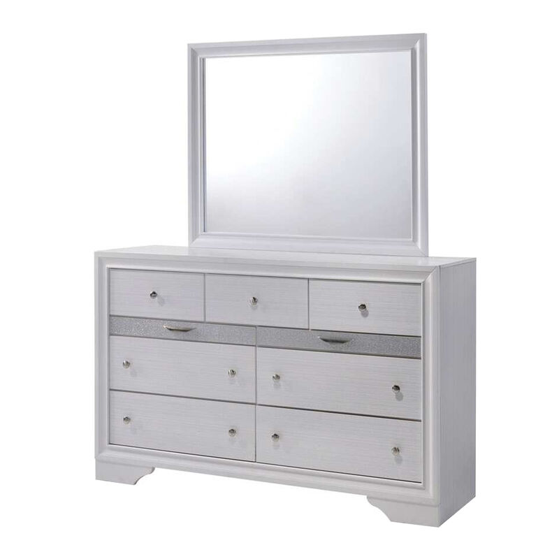 Crissi 4 Pc King Bedroom Set, Panel Design, Silver Accents, White - Benzara
