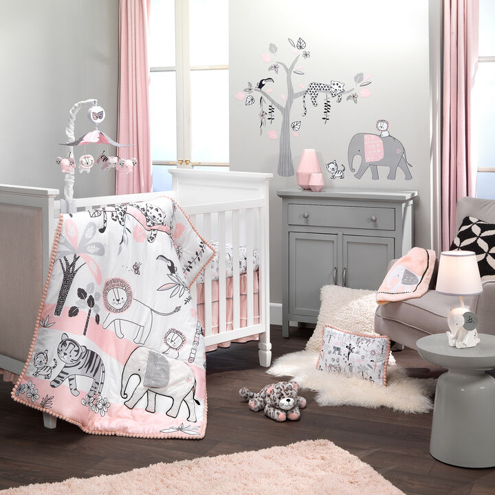 Lambs & Ivy Happy Jungle Pink/White Safari Nursery 5-Piece Crib Bedding Set