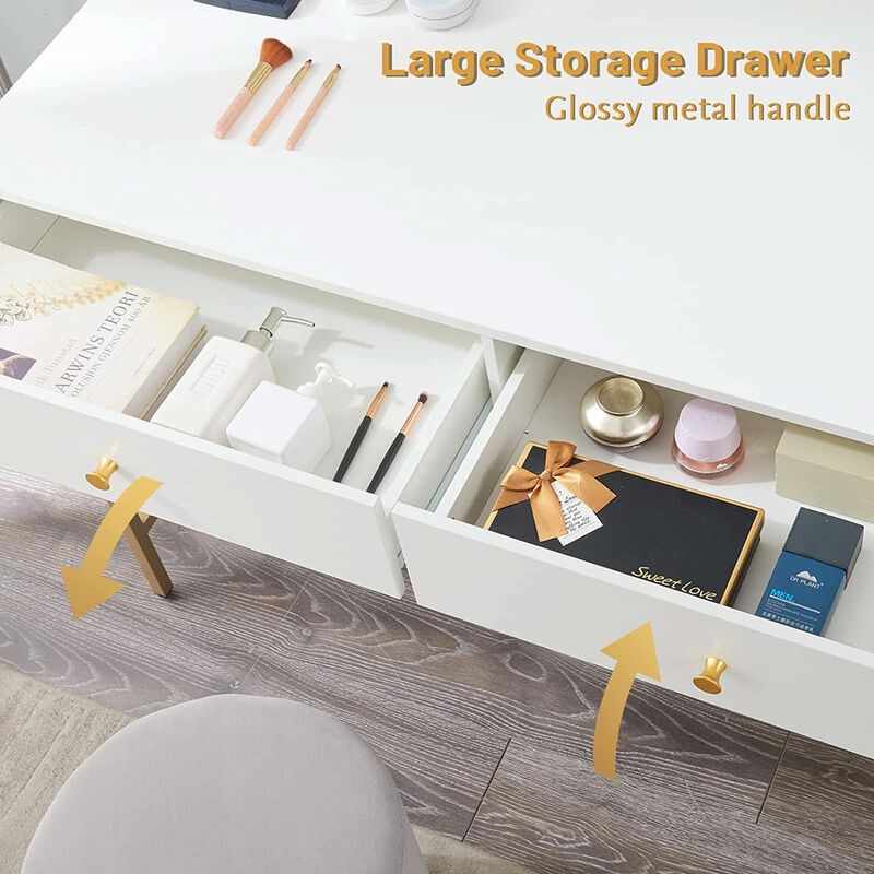ShipItFurniture White and Gold Vanity Desk with 2 Drawers image number 4