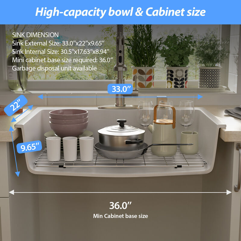33x22x10 Inch White Granite Composite Drop In kitchen Sink Single Bowl Quartz Kitchen Sink image number 6