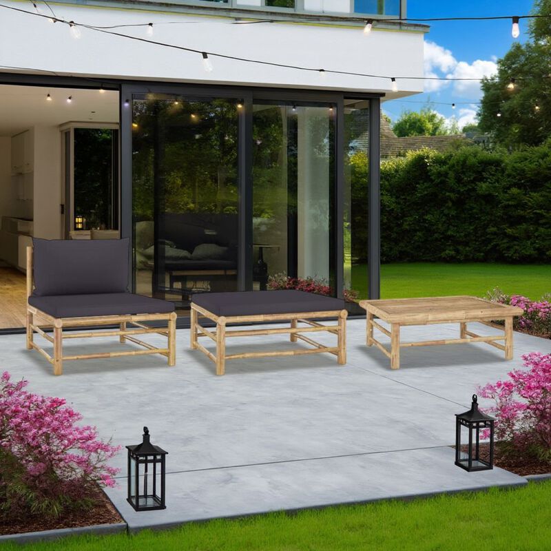 3pc Outdoor Modular Lounge Set, Table and Ottoman, Bamboo, Dark Gray - Benzara