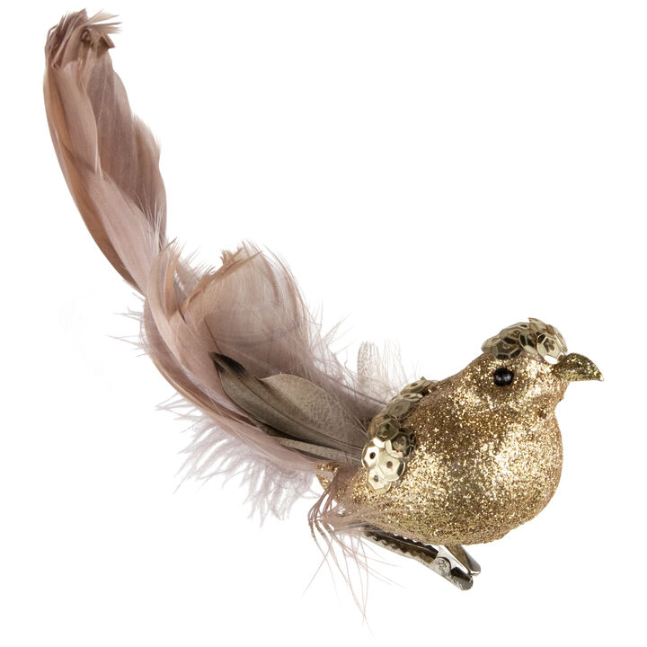 6" Gold Sequins and Glitter Bird with Clip and Feathers Christmas Ornament