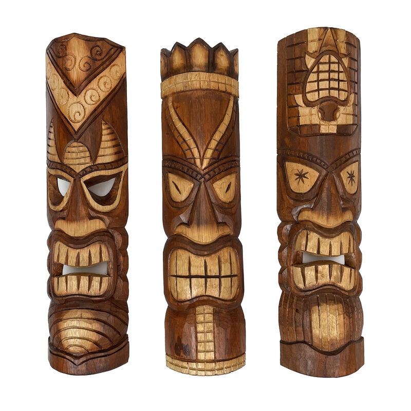 24 Inch Hand Carved Tiki Mask Wall Decor Tropical Beach Home Hanging Art Set / 3 image number 0