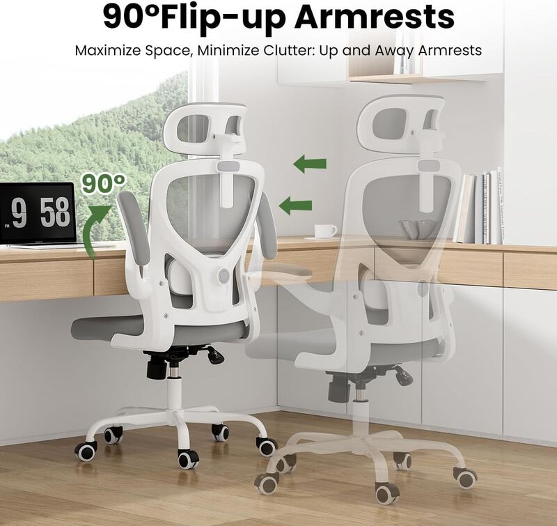 Petrimins Mesh Office Chair with 3-Way Adjustable Headrest & Lumbar Support, Swivel Desk Chair with Flip-up Arms for Home Office image number 3