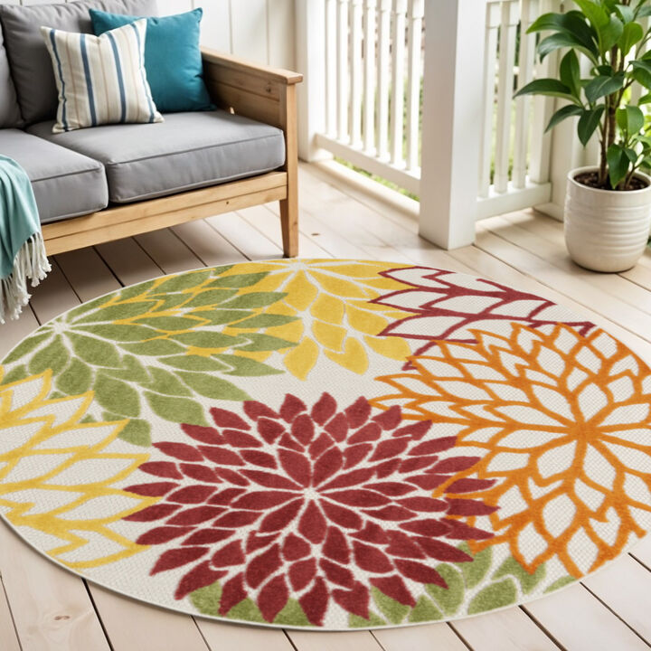 HomeRoots 4' Red Green Orange Yellow And Ivory Round Floral Indoor Outdoor Area Rug