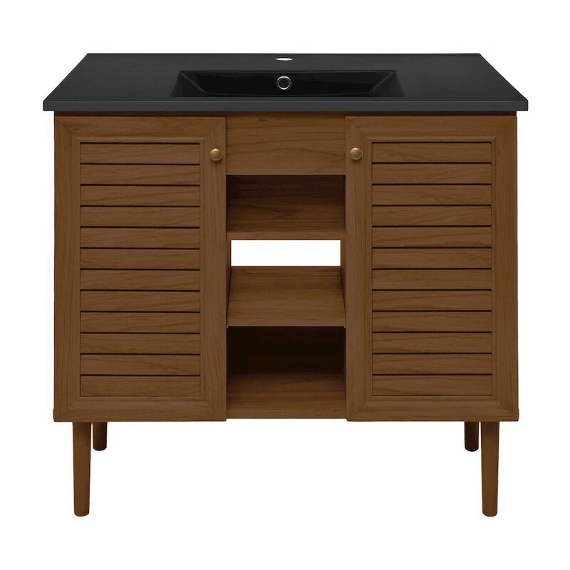 Bron 36" Freestanding Bathroom Vanity in Brown Oak with Black Sink Top image number 0