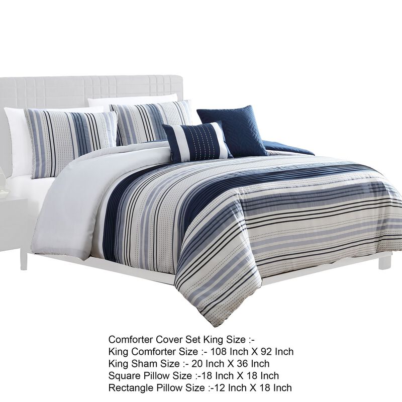 Alfa 5 Piece King Comforter Set, Jacquard Woven Stripes, Blue, White - Benzara
