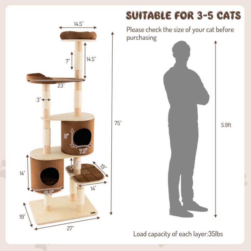 Hivvago 6-Tier Wooden Cat Tree with 2 Removeable Condos Platforms and Perch