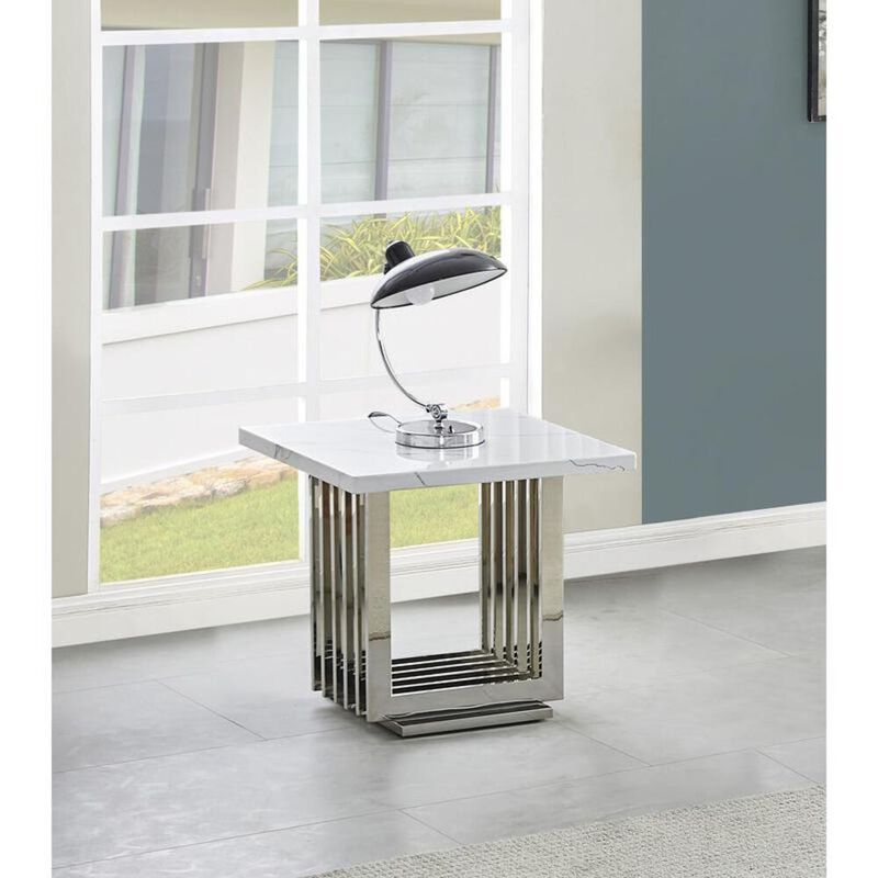Best Quality Furniture White marble top end table with a silver color stainless steel base