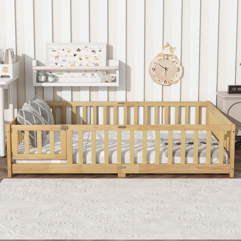 Whisen Full-Size Floor Bed with Safety Enclosure and Door, Rubber Wood Frame with Guardrail Fence image number 3