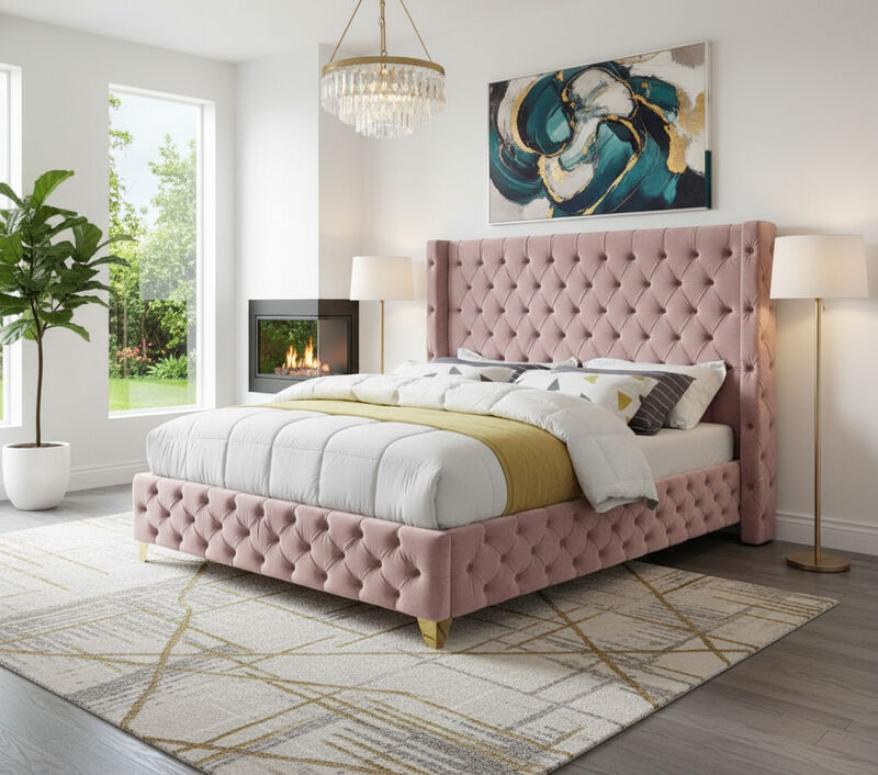Meridian Furniture Savan Pink Velvet King Bed image number 1