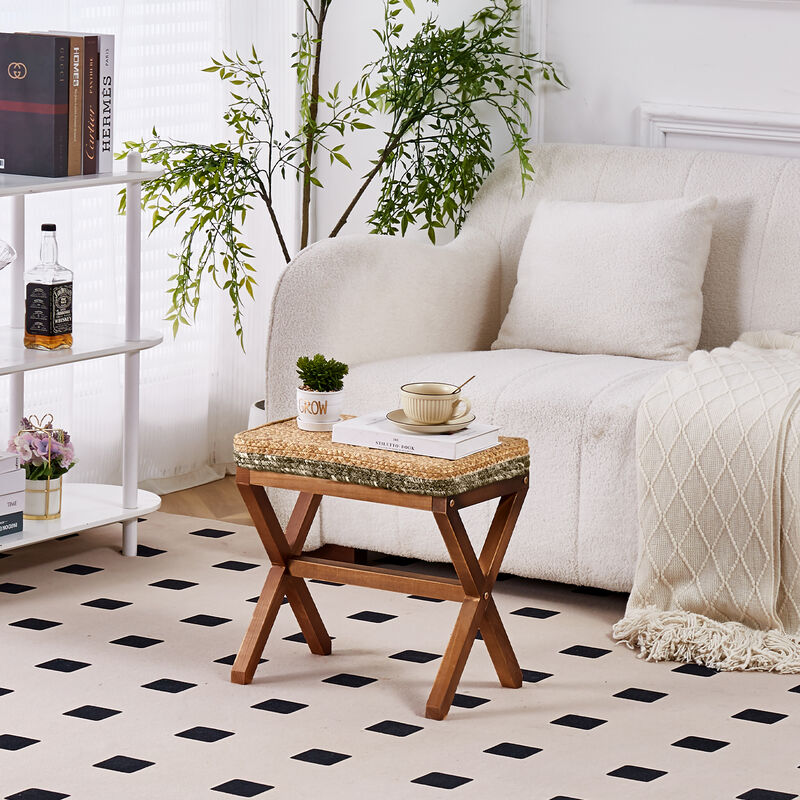 Handwoven Seagrass Ottoman, Rectangular Footrest with Sturdy X Wooden Legs For Living Room