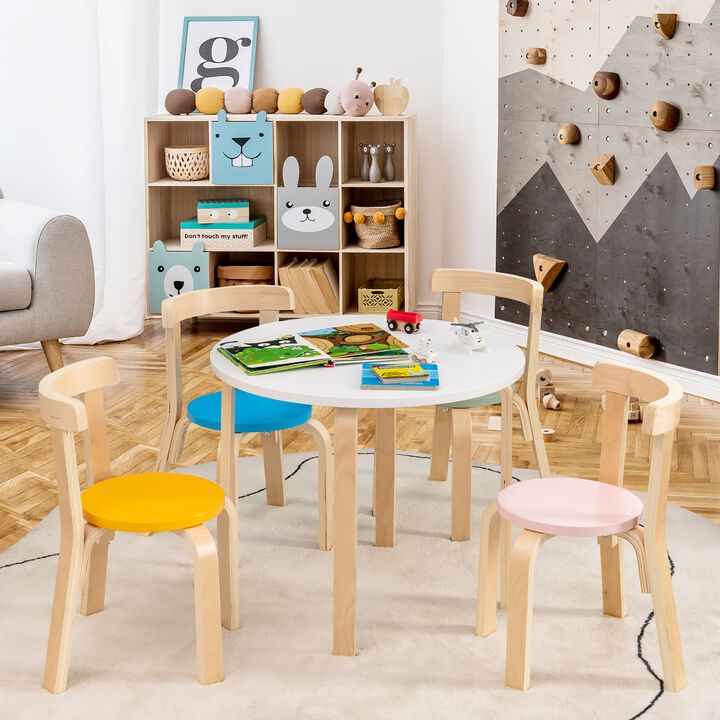 5-Piece Kids Wooden Curved Back Activity Table and Chair Set with Toy Bricks