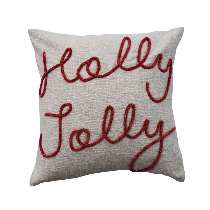 Holly Jolly Embroidered Cotton Pillow, Red & Natural