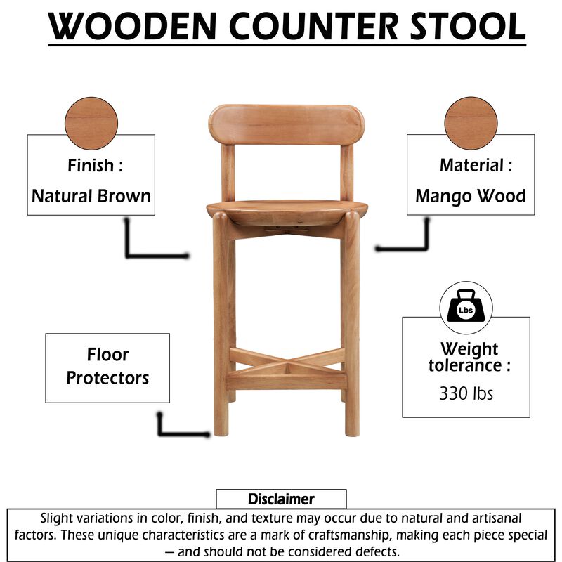 Maona Counter Stool Chair with Round Seat, Curved Open Back, Natural Brown Mango Wood image number 5