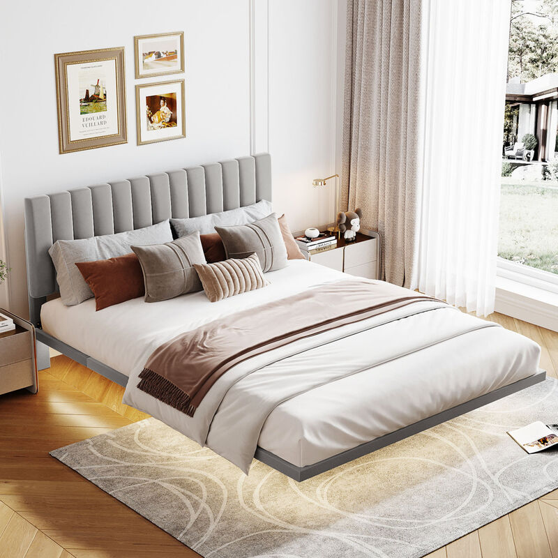 Queen Size Upholstered Bed with Sensor Light and Headboard, Floating Velvet Platform Bed, Gray image number 1