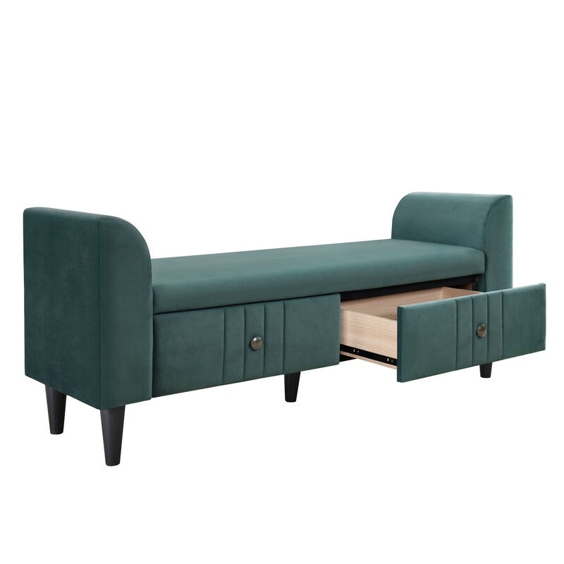 Upholstered Wooden Storage Ottoman Bench with 2 Drawers For Bedroom, Fully Assembled Except Legs and Handles, Green