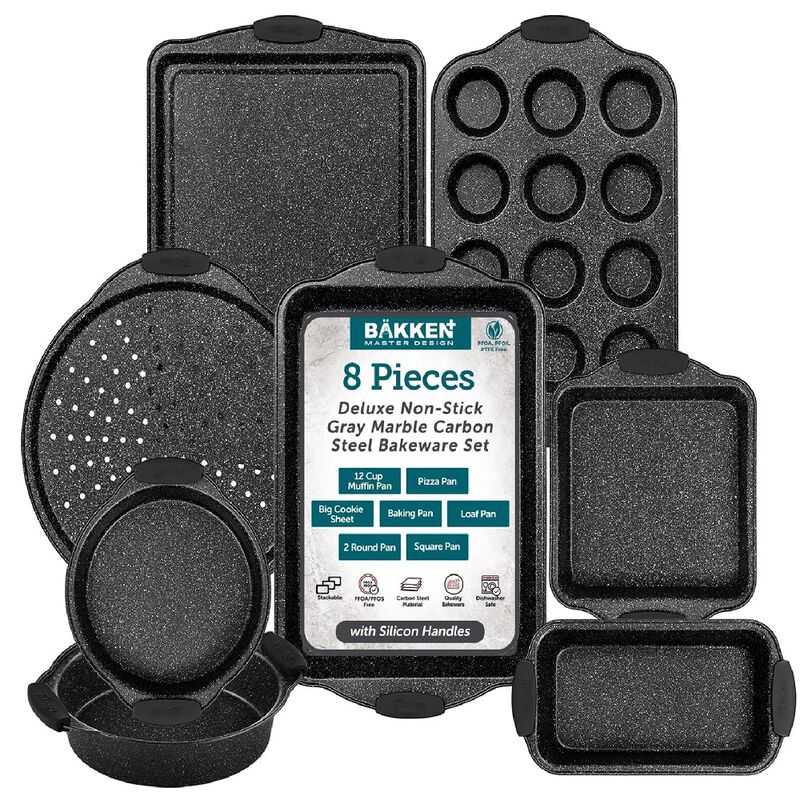 BAKKEN 8-Piece Kitchen Oven Baking Pans Set - Deluxe Nonstick Gray Marble Coating, Professional Grade Carbon Steel Bakeware with Silicone Handles - Oven, Dishwasher, and Freezer Safe