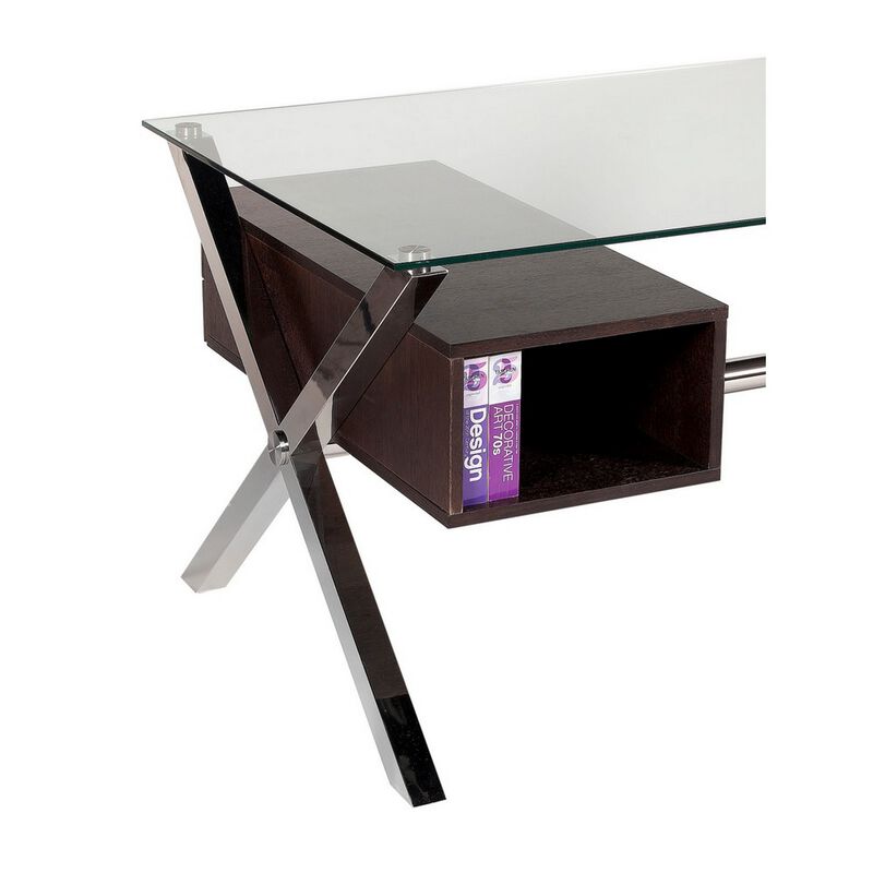 Tia 51 Inch Small Office Desk, Glass Tempered Top, 2 Drawers, Dark Brown - Benzara image number 2