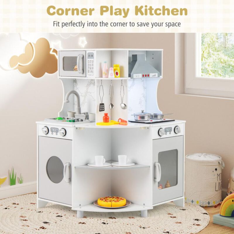 Hivvago Kids Corner Wooden Play Kitchen with Range Hood and Stoves