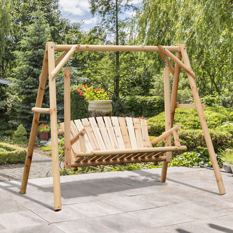 Outsunny 2-Seat Porch Swing with Stand, Wooden Patio Swing Chair Bench, for Garden, Poolside, Backyard, Natural