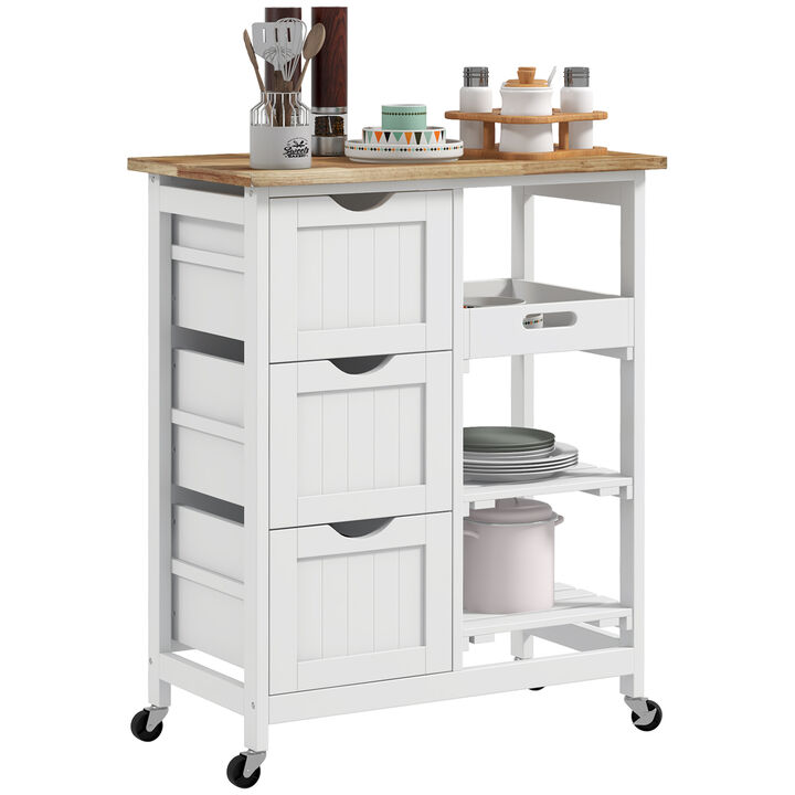 Compact Wooden Rolling Serving Kitchen Dining Cart w/ Shelves & Drawers, White