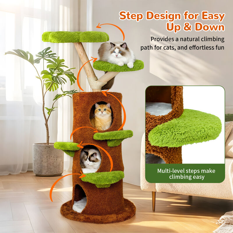 148CM Tall Wooden Cat Tree Tower Condo for Large Cats Activity with Steps &Posts image number 4