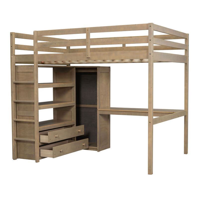 Merax Wood Full Size Loft Bed with Built-in Wardrobe