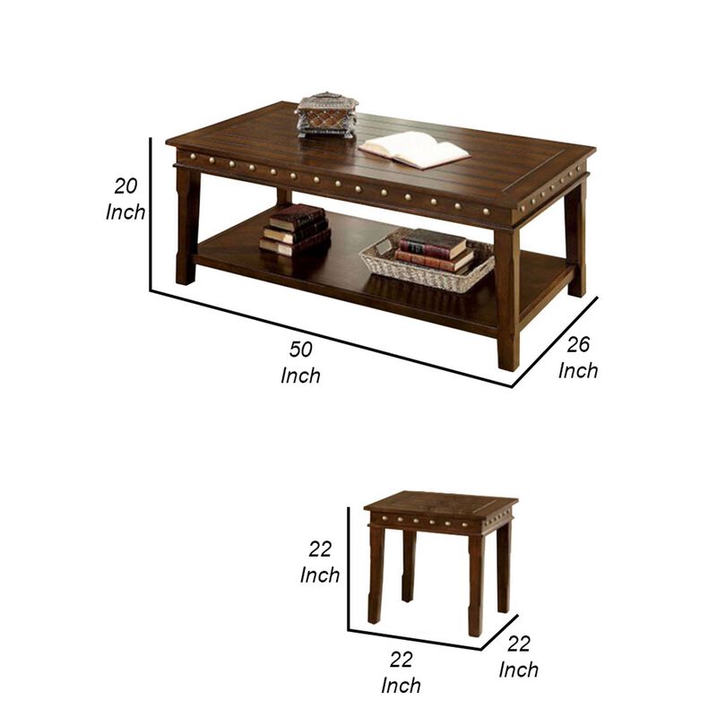 Solid Wood Coffee & End Tables Set, Dark Brown, Pack of 3-Benzara