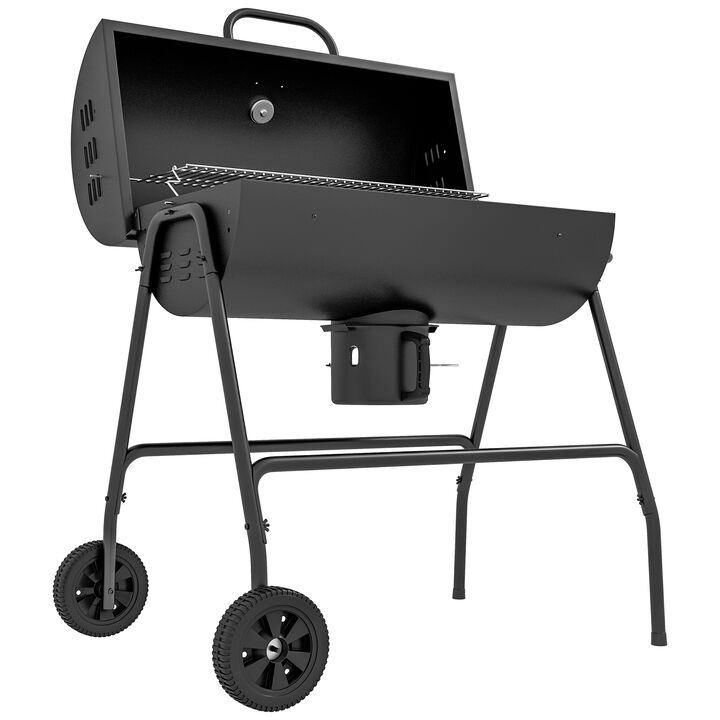 Outsunny Barrel Charcoal BBQ Grill Trolley with 420 sq.in. Cooking Area, Outdoor Barbecue Smoker with Wheels, Ash Catcher and Built-in Thermometer for Patio Backyard Party, Black