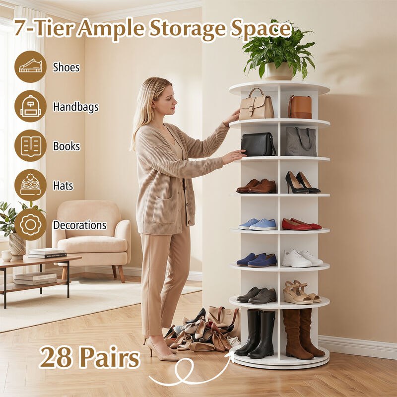 Freestanding 7-Tier Rotating Shoe Rack Storage Tower Organizer - White image number 7