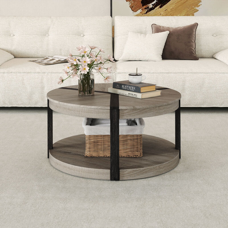 2-Tier Round Coffee Table in Rubber Wood with Large Tabletop and Storage Shelf