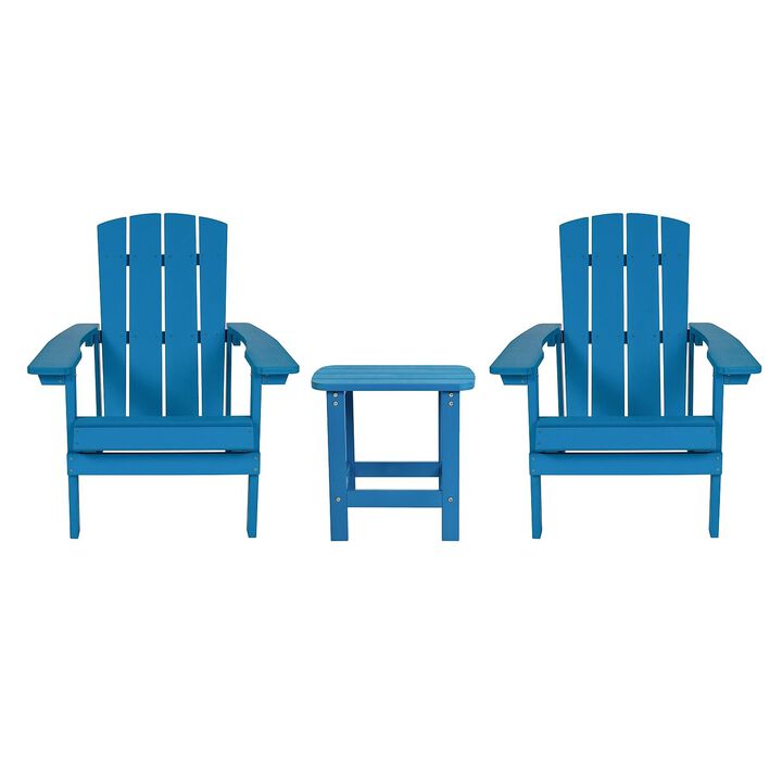 Flash Furniture Charlestown Commercial 2 Chair and Side Table Adirondack Set - Blue Poly Resin - Weather Resistant