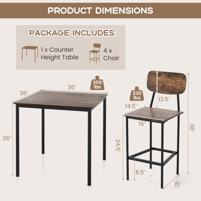 Hivvago 5 Pieces Industrial Dining Table Set with Counter Height Table and 4 Bar Stools