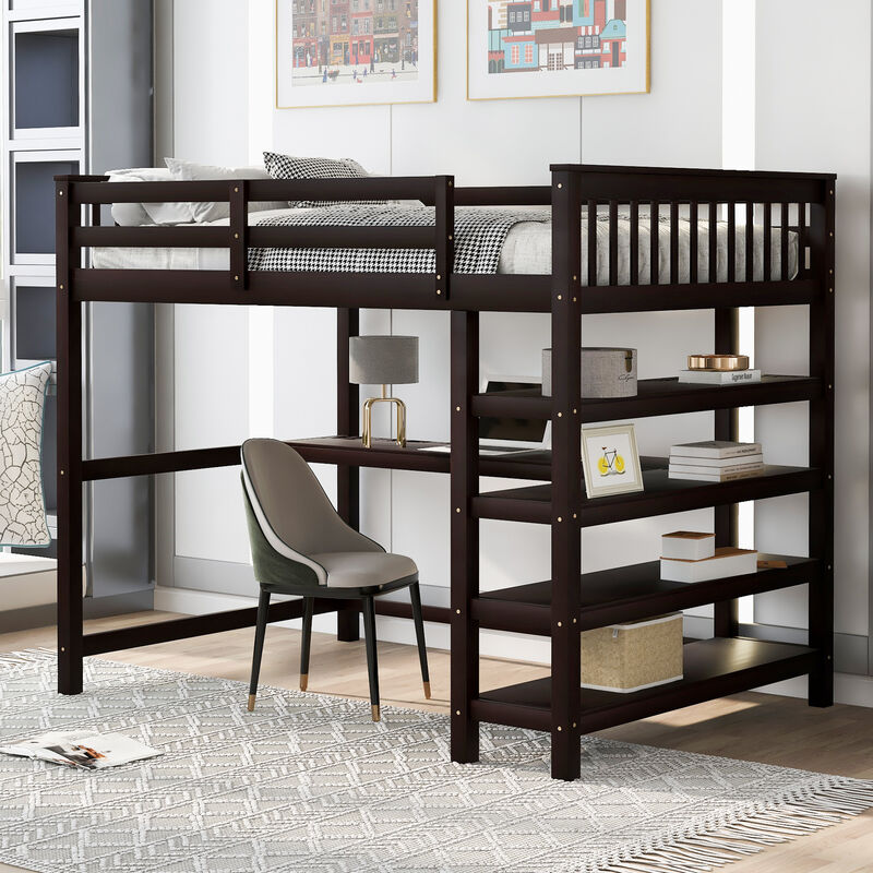 Merax Full Size Loft Bed with Storage Shelves and Under-bed Desk