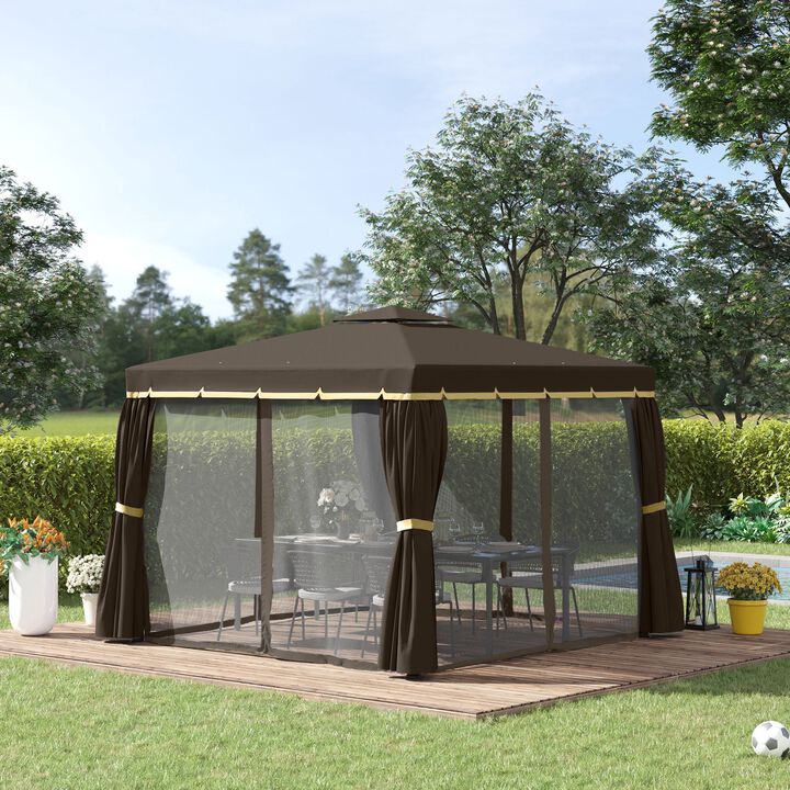 10' x 10' Patio Gazebo Outdoor Canopy Shelter with Double Tier Roof, Netting and Curtains for Garden, Lawn, Backyard and Deck, Coffee