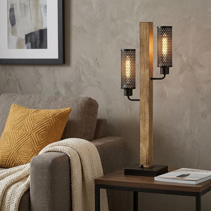 HomeRoots 32" Gray Metal Two Light Table Lamp With Black Novelty Shade